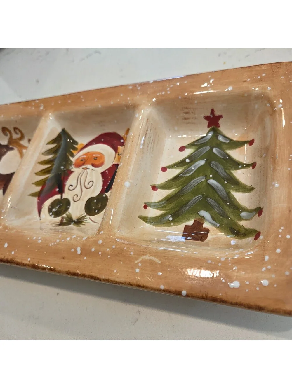 Hand-Painted Ceramic Christmas Snack Tray with Santa, Reindeer, Snowman, and Fir